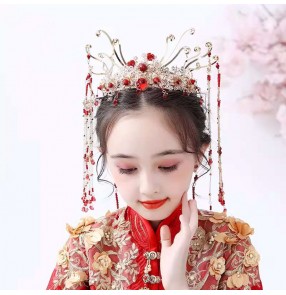 Children Chinese dress qipao Hanfu headdress Princess Empress cosplay model show hair crown jewelry for kids girls Xiuhe costume cheongsam hair ornament